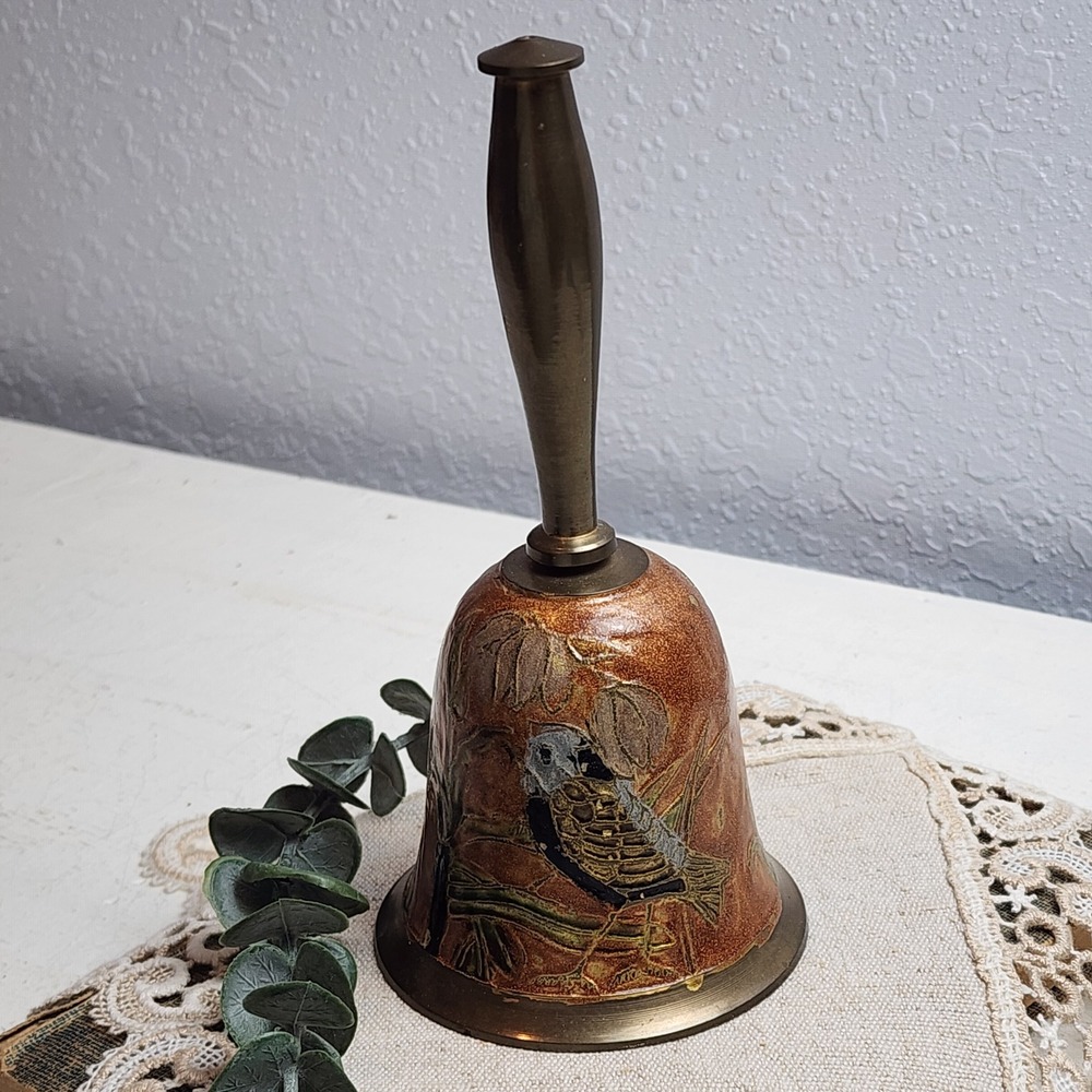 Vintage Enamel Solid Brass Bell Abstract Bird‎ Floral & Greenery Made in India